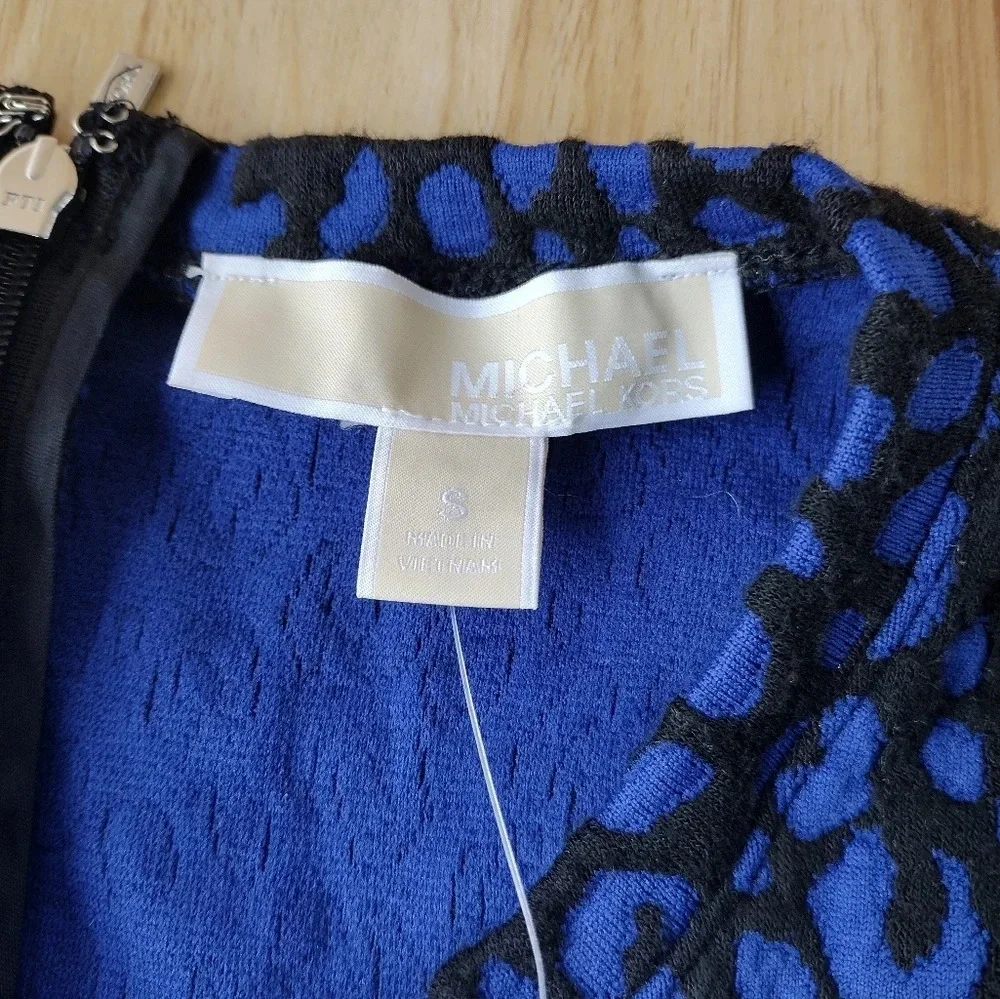 Michael Kors Flat Cat Jacquard Tiered Dress Black Twilight Blue Size Small NWT